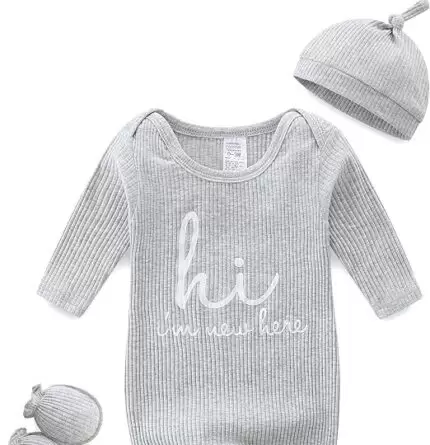 Baby Romper with Baby Mittens & Newborn Hats Footless Long Sleeve Solid Onesie Hi Im New Here