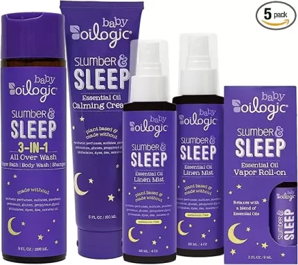 Oilogic Slumber & Sleep Baby Bath Essentials Gift Set, 5-Pack - Essential Oil Care Includes Roll-On, Calming Cream, Vapor Bath, and Two Linen Mist - Relaxing Lavender & Chamomile